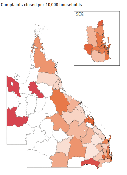 Map of QLD with colours depicting the cases by 10,000 household figures of EWOQ during 2021-22.