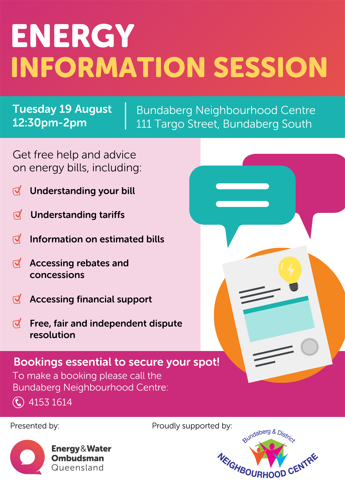 Energy information session poster for Bundaberg.