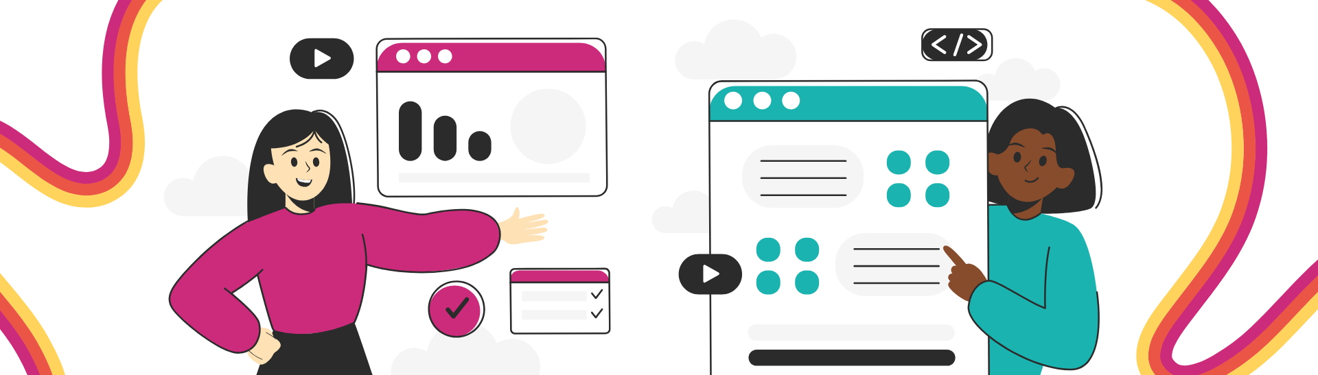 Graphic showing two women pointing at website pages.